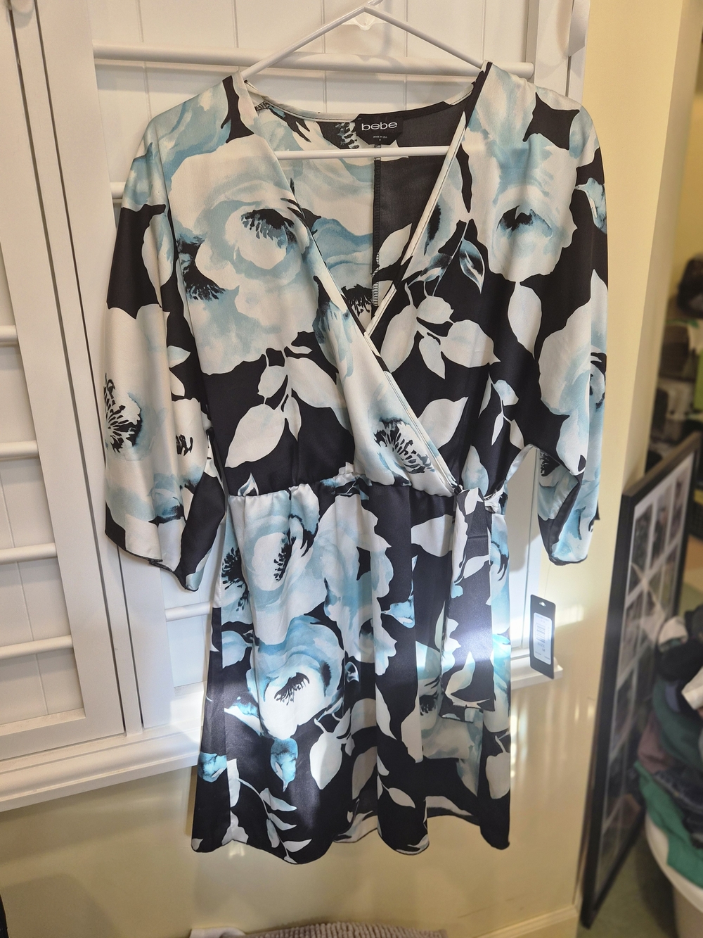 bebe Floral Wrap Dress in Black & Aqua